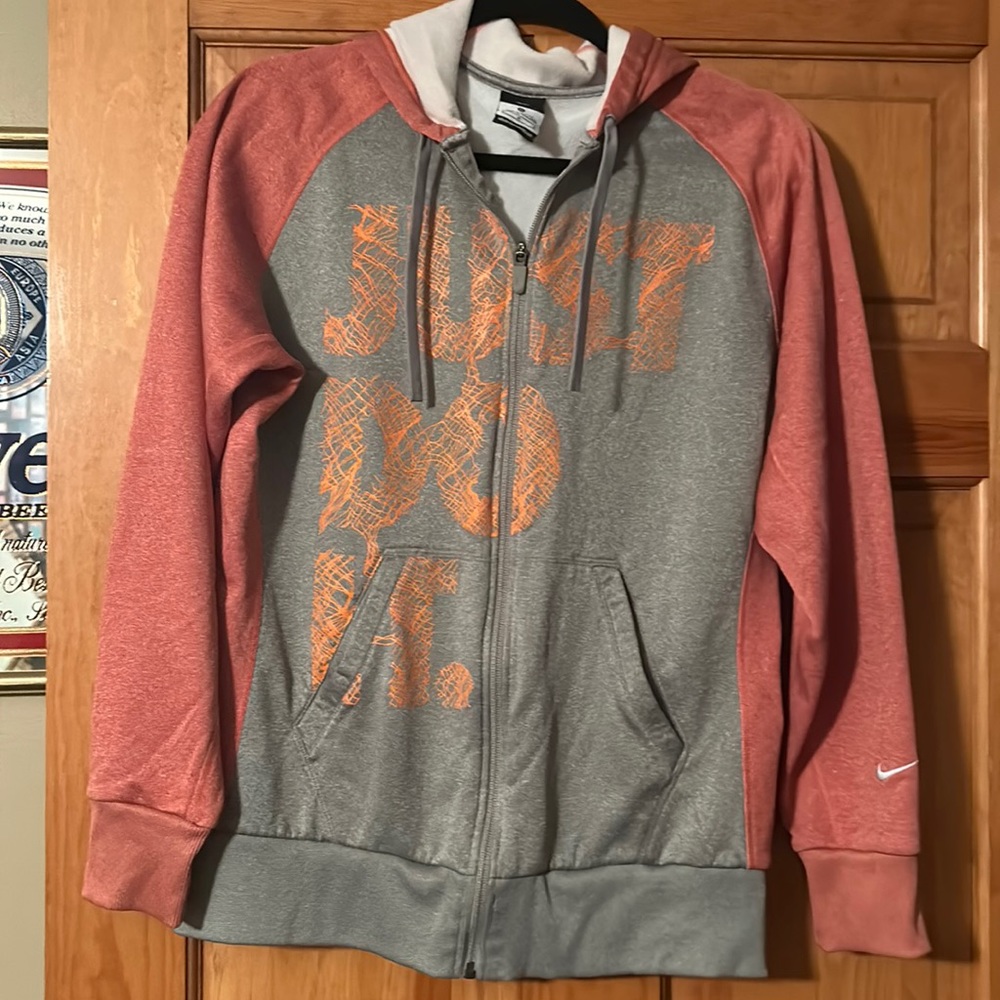 Nike hooded zip up. Gray and heather orange.